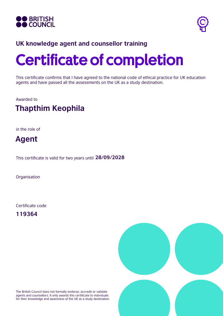 British Council training certificate awarded to Thapthim Keophila