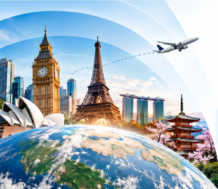Global travel landmarks including Big Ben, the Eiffel Tower, Sydney Opera House and a Japanese pagoda