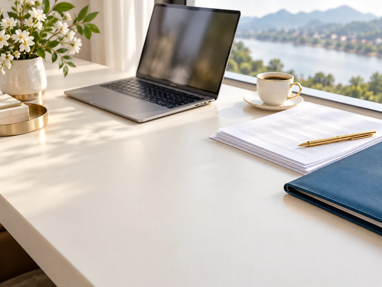 Documents and a laptop on a desk